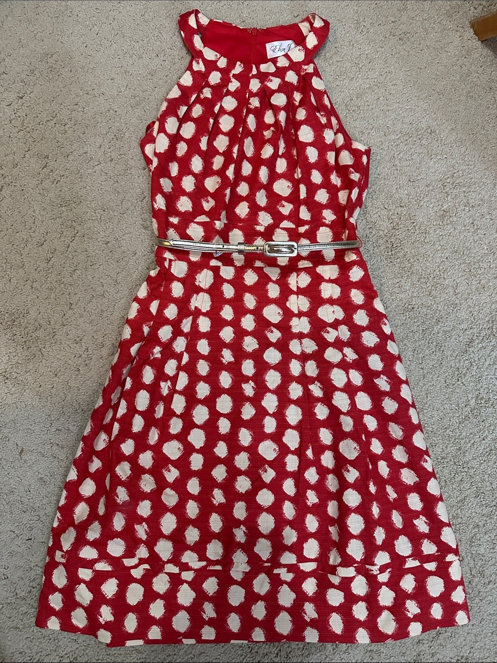Eliza J Red and Cream Polka Dot Halter Dress with Metallic Belt